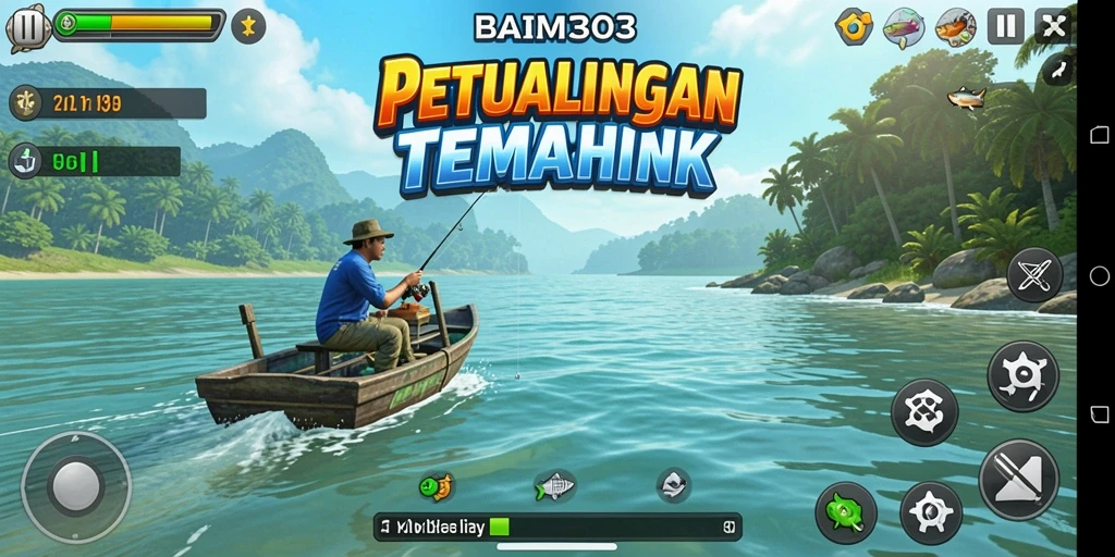 Tampilan gameplay BAIM303 dengan pemancing di lingkungan laut yang indah.