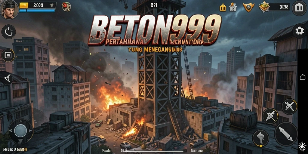 Tampilan gameplay BETON999 dengan menara yang strategis dan serangan musuh.