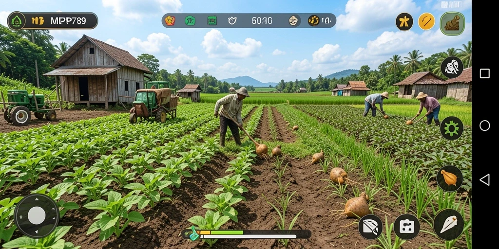 Screenshot gameplay MVP789 yang menunjukkan ladang hijau dan hewan ternak.