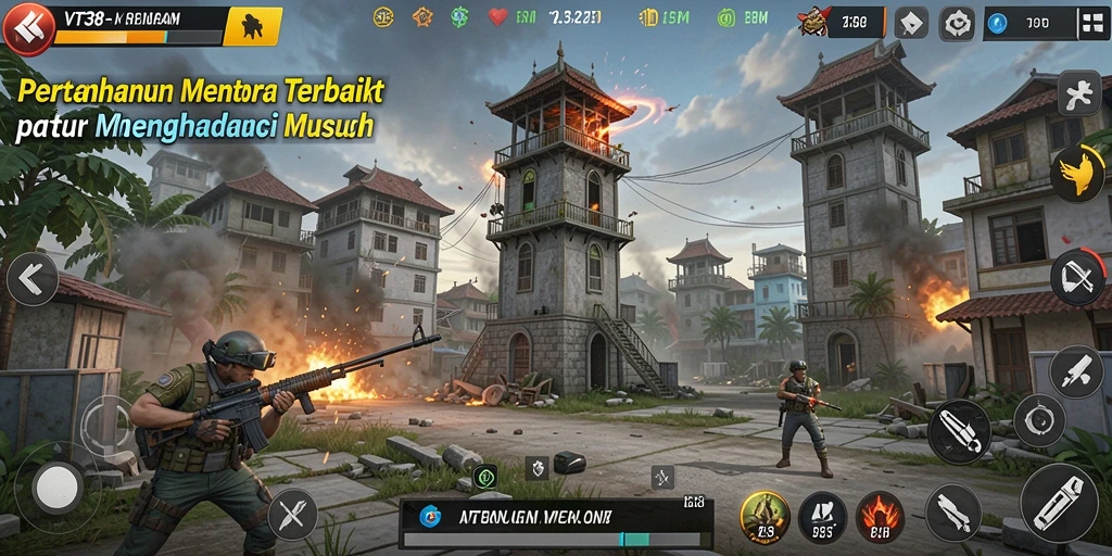 Tampilan gameplay VT38 yang menegangkan dalam pertempuran Tower Defense.